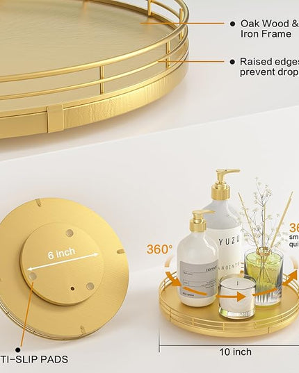 10" Gold Lazy Susan for Table Top, Oak Wood Lazy Susan Turntable Organizer for Dining Coffee Table Centerpiece Bar Decor Kitchen Countertop Bathroom Vanity Decorative Tray for Perfume Jewelry Round