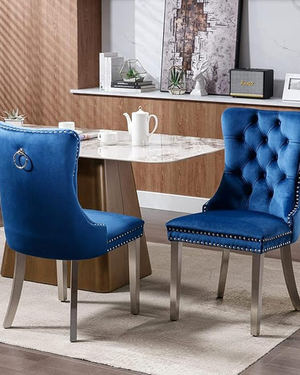51" Glass Dining Table Set for 6, Modern Dining Room Table Set for 6, Silver X-Shape Pedestal Glass Table with 6pcs Blue Dining Chairs, 7 Piece Dining Set for Dining Living Room
