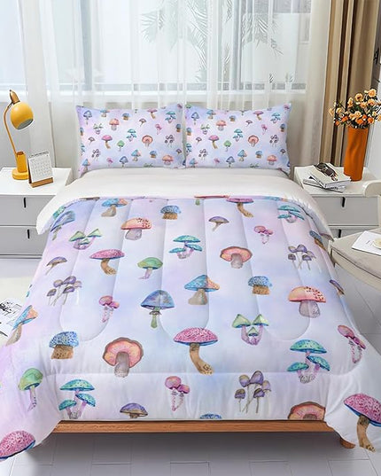 3 Piece Colorful Mushroom Comforter Set with 2 Pillow Covers,Cartoon Colorful Gradient Lightweight Soft Bedding Quilt Set for Girls Boys Kids,Twin Pink Violet
