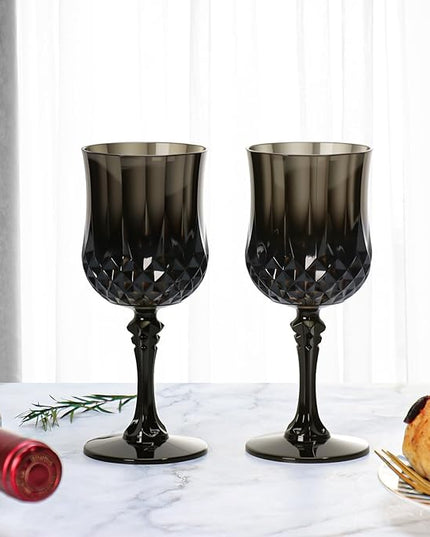XUWAIDSGN 7oz Plastic Vintage Wine Glasses Drinking Glasses Unbreakable Wedding Glassware Crystal Water Goblets Reusable Drinkware Vintage Champagne Flutes (48, Black)