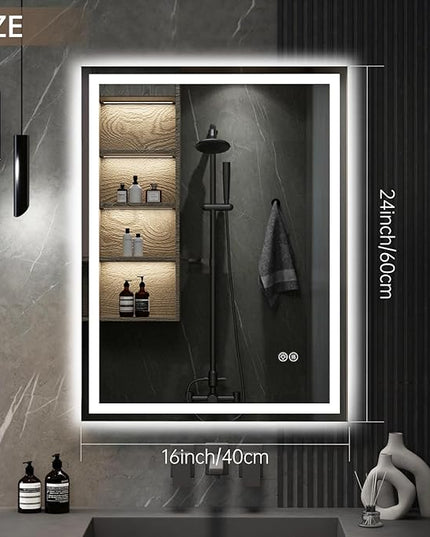 16x24 LED Bathroom Mirror with Lights, Lighted Bathroom Vanity Mirror for Wall, Anti-Fog, Dimmable, Backlit + Front Lit, Memory Function, Shatter-Proof, 3 Colors, Horizontal/Vertical
