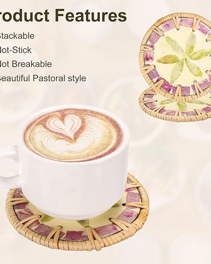 uxcell 2Pcs Handmade Woven Rattan Coasters, Heat-Resistant Drink Coasters for Coffee Table Dining Room Kitchen Coffee Wine Decor, Light Green Petal