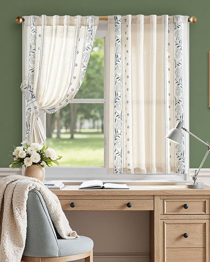 jinchan Winslow Linen Curtains 45 Inch Length Small Window Curtains Embroidered Bordered Floral Drapes Light Filtering for Bathroom Laundry Room Kitchen Farmhouse Decor Blue on Beige 2 Panels