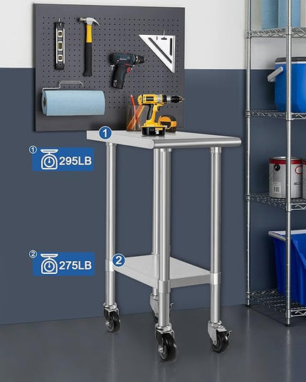 HARDURA Stainless Steel Commercial Table Prep & Work Table with Casters Heavy Duty Metal Table with Wheels NSF 430 24×15 Inches