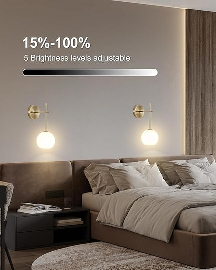Brass Battery Operated Wall Sconces Set of 2, Rechargeable Wireless Wall Lights with Milky White Frosted Glass, 12 RGB and 3CCT Dimmable, Wall Lamps with Remote for Bedroom Living Room Hallway