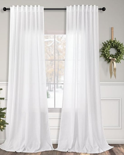 Solid White Curtains 96 Inches Long for Living Room 2 Panel Set Back Tab Pocket Opaque Draperies Semi Sheer Linen Light Filtering Curtain for Bedroom Floor Length Crisp Vintage Beach Country Chic 8 FT