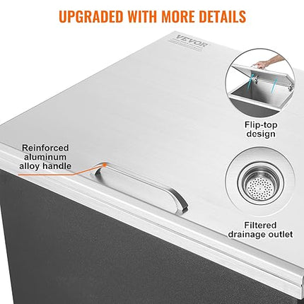 VEVOR Drop in Ice Chest, 28"L x 16"W x 17"H Stainless Steel Ice Cooler, Commercial Ice Bin with Hinged Cover, 40 qt Outdoor Kitchen Ice Bar, Drain-Pipe and Drain Plug Included, for Cold Wine Beer