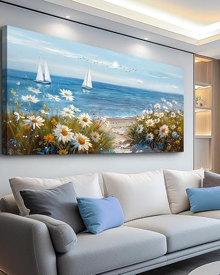 PHAOHUAXM Large Blue Ocean Landscape Canvas Printing Picture Wall Art For Living Room Farmhouse Dinin Mural White Flowers Bedroom Office Wall Decor Home Decor Painting Easy To Hang 30x60 Inches