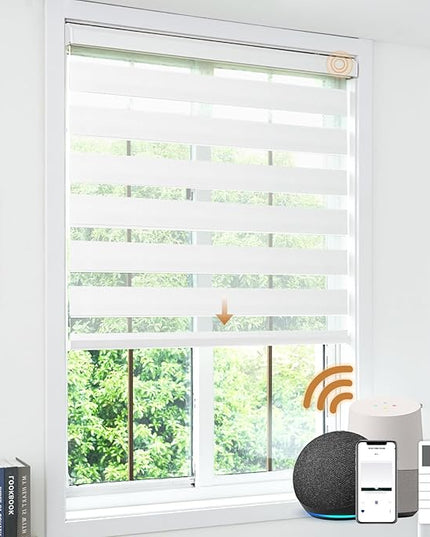 Cordless Motorized Zebra Blinds for Windows Blackout with Remote, Custom Dual Layer Smart Zebra Shades Work with Alexa Google, Automatic Electric Light Filtering Roller Sheer Shades, White
