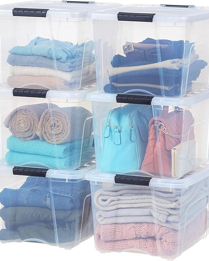 IRIS USA 40 QT Plastic Storage Box with Lid and Latches - 6 Pack - BPA-Free, See-Through Organizing Solution, Durable Nestable Stackable Containers, Secure Pull Handle - Clear