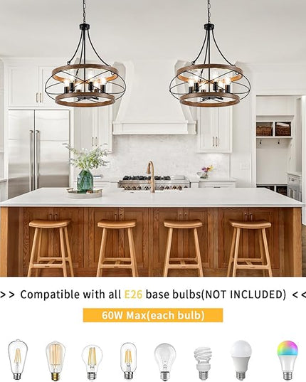 6-Light Farmhouse Chandelier, 23.62" Rustic Drum Dining Room Light Fixture, Vintage Wood Finish Metal Hanging Pendant Lighting, Industrial Candle Chandeliers for Living Room Kitchen Entryway Bedroom