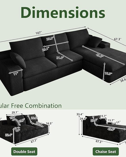 107" Cloud Couch Modular Sectional Sofa for Living Room, L-Shape Boneless Couch with Deep Seat, Modern Corduroy 3-Seater, No Assembly Required (Black,Right-Facing Chaise)
