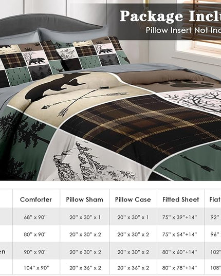7 Pcs Comforter Set Full Size, Wildlife Hunting Deer Bedding Set for Kids and Adults, Vintage Winter Animal Bear Plaid Bed Sheet Sets with Fitted Sheet 2 Pillowcases & 2 Shams