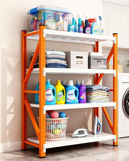 79" H Garage Shelving,3500LBS Heavy Duty Storage Rack,4 Tiers Metal Storage Rack Shelf, Adjustable Shelving Unit for Garage,Kitchen,Warehouse,Basement,78.7" H x 47.2" W x 19.6" D,Orange&White