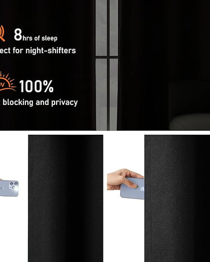 95 Inches Long 100% Blackout Linen Curtains for Bedroom Living Room, Noise Reducing Thermal Insulated Room Darkening Window Treatment Grommet Curtain Drapes, Black, W52 x L95, 2 Panels