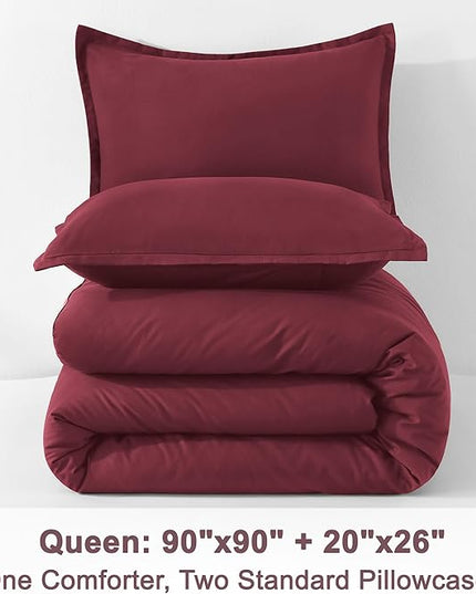 Litanika Burgundy Red Comforter Set Queen Size, 3 Pieces Lightweight Solid Bedding Comforter Set, All Season Fluffy Bed Set (90x90In Comforter & 2 Pillowcases)