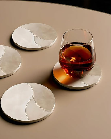 VEYRO Coasters Set of 6 for Drinks – Absorbent Ceramic Stone Drink Coasters with Cork Backing for Coffee Table & Desk, Modern Marble Look Cup Coaster Set, Housewarming Gift for New Home