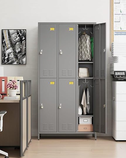 Aobabo Metal Locker for Employees, 6 Doors Metal Locker Cabinet with Lock, Industrial Storage with 18 Hooks, Storage for Office, Gym, Dormitory, Assembly Required, Dark Grey