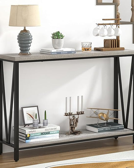 FOLUBAN Industrial Sofa Console Table, Rustic Wood and Metal Entryway Hallway Table for Living Room Entrance, 43.3 Inch Light Grey