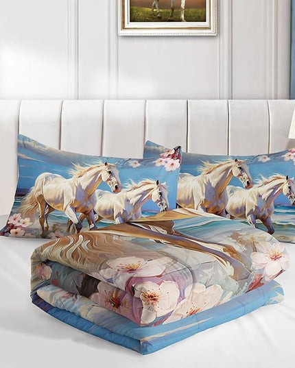 Western Farmhouse Horse Comforter Set,Pink Cherry Blossoms Bedding Sets for Kids Teens Girls Room Decoration,Coastal Beach Theme Bedding Full Size Comforter Sets for Girls with 2 Pillowcases.