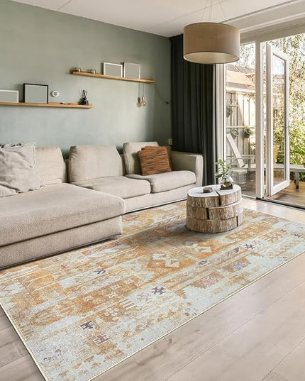 GLN Rugs Bohemian Collection - Machine Washable Area Rug, Bohemian Vintage, Non Slip, Low Pile Chenille Rug, Living Room, Bedroom, Bathroom Rug (3'x5' Yellow)