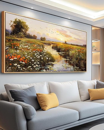 PHAOHUAXM Large Wall Art For Living Room Canvas Wall Decor For Bedroom Watercolour Painting Office Decoration Countryside Sunrise Scenery Wall Picture Ready To Hang Home Decor Wood Framed 20x40 In