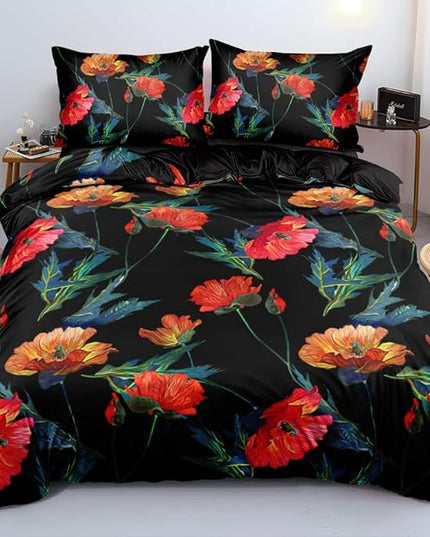 Black Floral Duvet Cover Set Twin Size Comforter Cover Sets 68"x90" 3 Pieces Bedding Soft Lightweight Flower Bed Set