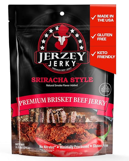 Jerzey Jerky Sriracha Style Brisket Jerky 2.5oz – High Protein, Gluten Free and Healthy Beef Snacks with Rich, Authentic Flavor