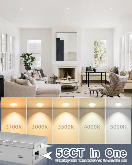 3 Inch 5CCT Anti-Glare LED Recessed Lights with Junction Box, 2700K/3000K/3500K/4000K/5000K Selectable, 12W 1260LM CRI90+, Dimmable Canless Waterproof Downlight, ETL & FCC（White, 1 Pack）
