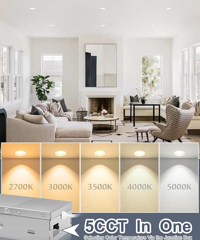 3 Inch 5CCT Anti-Glare LED Recessed Lights with Jbox, IP65 Waterproof, 2700K-5000K Selectable, 12W 1260LM CRI90+, Dimmable Canless Downlight, ETL & FCC & Energy Star Rated（White, 12 Pack）