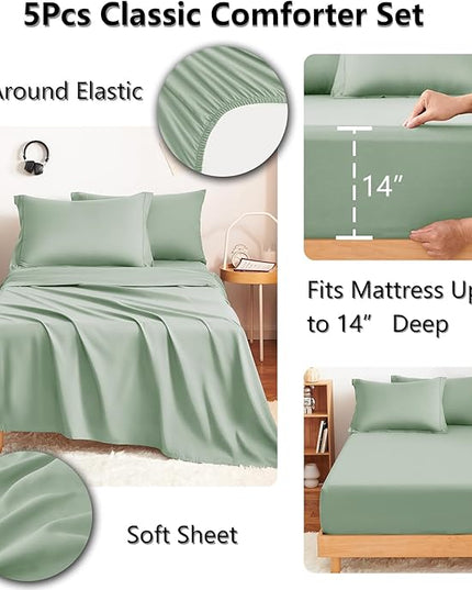 CozyLux Twin Comforter Set with Sheets Sage Green - 5 Pieces Bed in a Bag Twin, All Season Bed Set for Girls and Boys, Bedding Set with Down Alternative Comforter, Sheets, Pillowcase & Sham