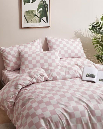 CLOTHKNOW Pink White Plaid Queen Comforter Set 3Pcs Grid Bedding Comforter Sets Soft Checkered Queen Comforter with 2 x Pillow Cases