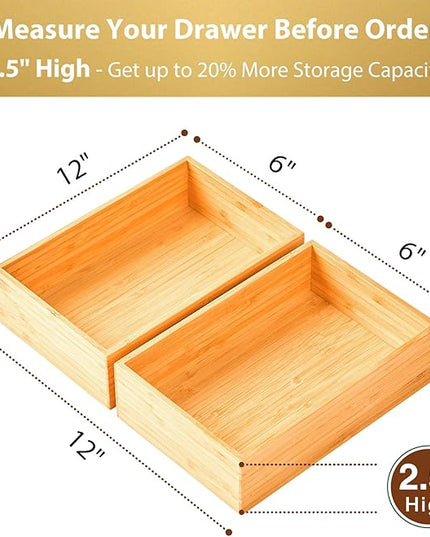 Umilife Bamboo Kitchen Utensils Organizer, Extra High Silverware Drawer Holder, Flatware Cutlery Storage Box, Multi-Use Drawer Divider in Office, Bathroom, Pantry - 12"x6"x2.5" (Set of 2)