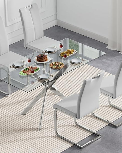 5 Piece Glass Dining Table Set, Glass Kitchen Dining Room Table Set for 4, Modern 51" Rectangular Silver Glass Metal Dining Table with 4 Grey Leather Dining Chairs for Kitchen Dining Room