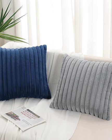 Pallene Faux Fur Plush Throw Pillow Covers 22x22 Set of 2, Luxury Soft Fluffy Striped Decorative Pillow Covers for Sofa, Couch, Living Room, Navy Blue