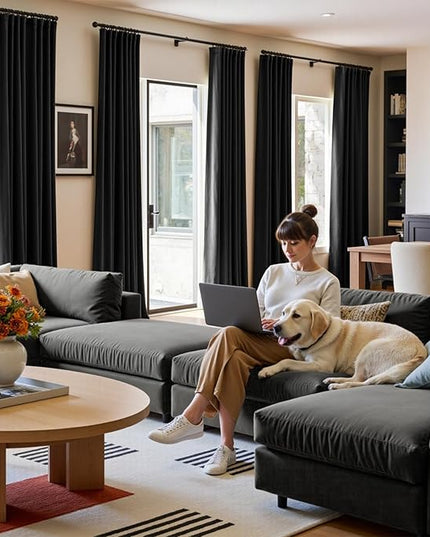 Lazzzy Velvet Blackout Curtains Thermal Insulated Room Window Drapes Super Soft Luxury Curtains for Living Room Bedroom Rod Pocket 2 Panels, Black, 52" W x 90" L