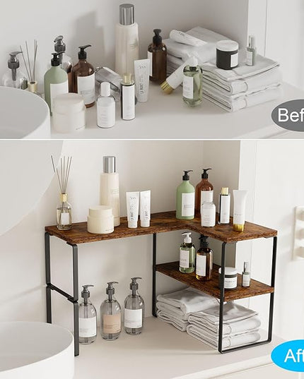 Golener Countertop Organizer Corner Shelf, 2-Tier Adjustable Stackable Corner Shelves for Kitchen, Spice Rack, Coffee Area, Over Sink, Bathroom, Dresser Table, Corner Counter Shelf Stand, Rustic Brown