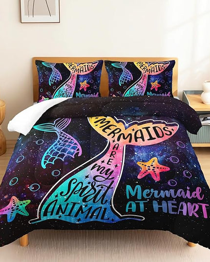 Galaxy Mermaid Comforter Set Queen Size,3 Piece Mermaid Tail Bedding Set for Girls Kids Pink Orange Violet Mermaid Fish Space Bedding Quilt Set for Girls Kids Bedroom