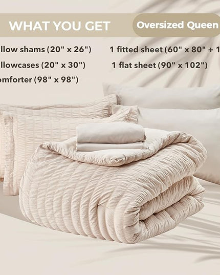HYMOKEGE Beige Oversized Queen Comforter Set Seersucker 7 Pieces, All Season Luxury Bed in a Bag for Bedroom, Bedding Set with Comforter, Sheets, Pillowcases & Shams