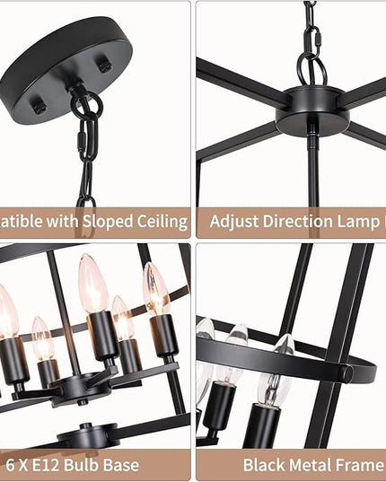 6-Light Black Chandelier, 17.72“ Geometric Dining Room Light Fixture, Large Modern Chandelier, Hanging Industrial Metal Chandelier for Foyer Entryway Kitchen Hallway Living Room
