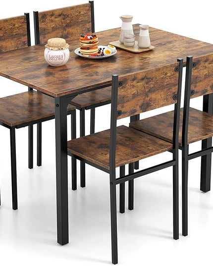 Giantex Dining Table Set for 4, 5-Piece Kitchen Table Set with Dinner Table, Dining Chairs, Metal Frame, Space-Saving Dinette Set for Living Room Restaurant, Breakfast Nook Table Set, Rustic Brown