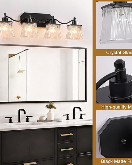 Bathroom Vanity Light Fixtures, 4-Light Vintage Matte Black Vanity Lights with Crystal Glass Shades, Farmhouse Bathroom Lighting Fixtures Over Mirror for Bathroom Bedroom Hallway