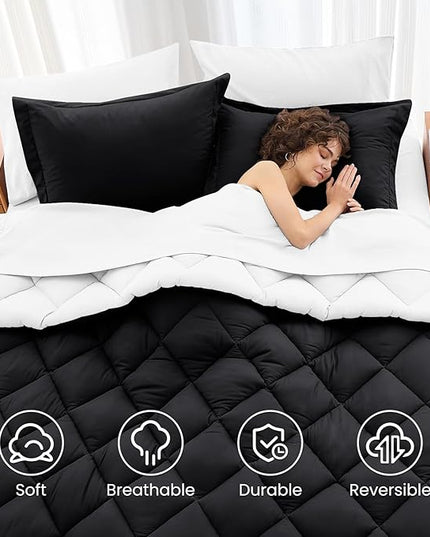 MUXHOMO 5 Pieces Twin XL Comforter Set, Reversible Bed in a Bag Twin XL Size, All Season Bedding Set with Comforter, Flat Sheet, Fitted Sheet, Pillowcases & Shams, Black & White