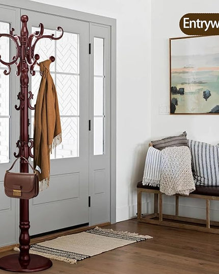 Coat Rack Freestanding, Wooden Coat Tree with Stable Round Base, Vintage Heavy Duty Coat Rack Stand with 14 Hooks, Coat Hanger Stand for Bedroom, Office, Entryway (Mahogany)