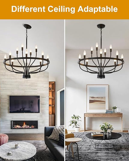 28 Inch Black Chandeliers for Dining Room 12 Light Black Dining Room Light Fixture, Large Industrial Farmhouse Chandelier Rustic Candle Chandeliers for Hallway, Entryway,Office,Bar