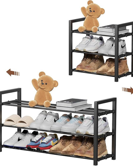 3-Tier Expandable Shoe Rack, Adjustable Shoe Shelf Storage Organizer Heavy Duty Metal Free Standing Shoe Rack for Entryway Closet Doorway (Black)