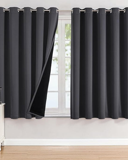 ChrisDowa 100% Blackout Curtains 63 inch Long for Bedroom with Black Liner, Extra Wide 2 Thick Layers Total Blackout Thermal Insulated Grommet Window Curtains 2 Panels Set (Dark Grey, 60 x 63 Inch)