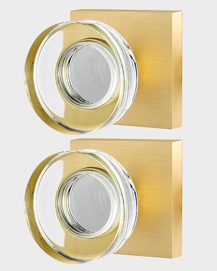 2 Pack Glass Dummy Door Knobs Interior, Crystal Gold Dummy Door Handles Interior for Closet and Hall, Satin Brass