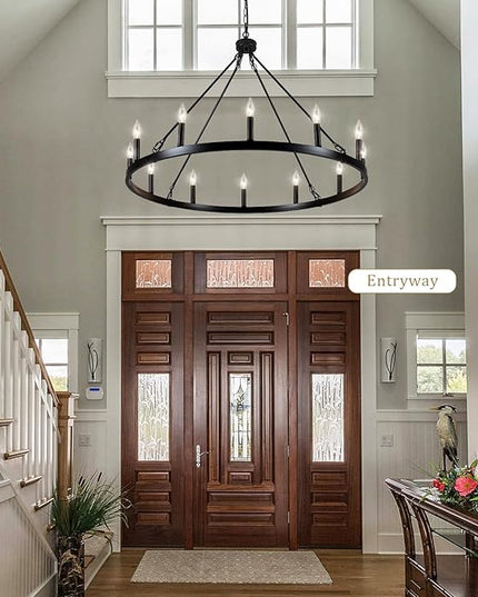 Wagon Wheel Chandelier 12 Lights 38" Large Black Farmhouse Chandelier for Dining Room Chandelier Rustic Country Pendant Light Fixtures Round Chandeliers for Living Room Outdoor High Ceilings Foyer