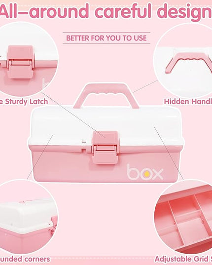12in 3-Layer Plastic Craft Organizers and Storage, Portable Folding Tackle Box with Handle & Adjustable Dividers, Multipurpose Case for Sewing, Art Supplies, Medicine, Tools (White Pink)